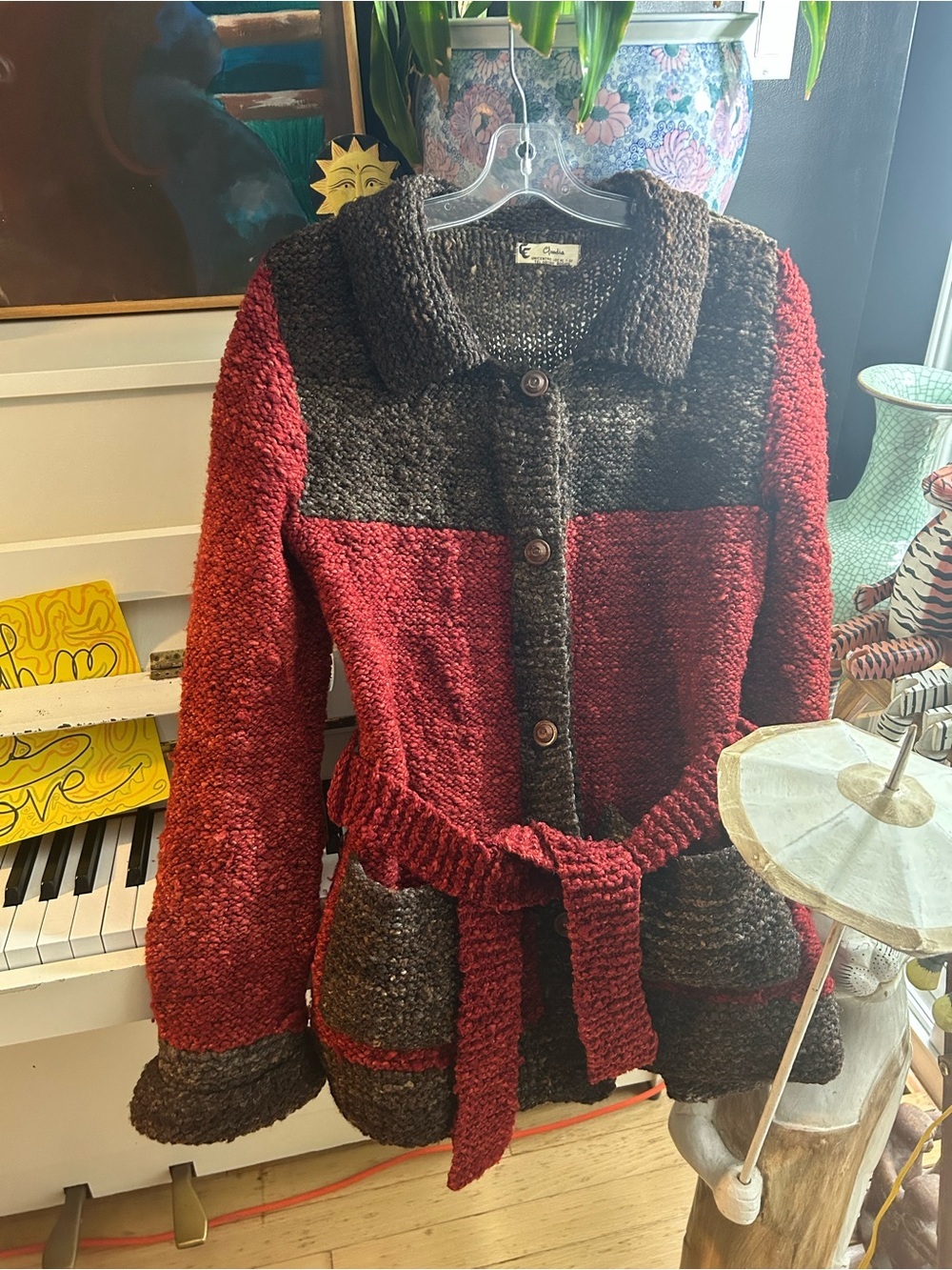 Hand Knit Wool Blend Belted Cardigan Brown Burgundy Chunky Sweater Boho Sz M